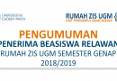 Pengumuman Penerima Beasiswa Relawan R-ZIS UGM Semester Genap 2018/2019 Kloter 3 Pengumuman Penerima Beasiswa Relawan R-ZIS UGM Semester Genap 2018/2019 Kloter 3